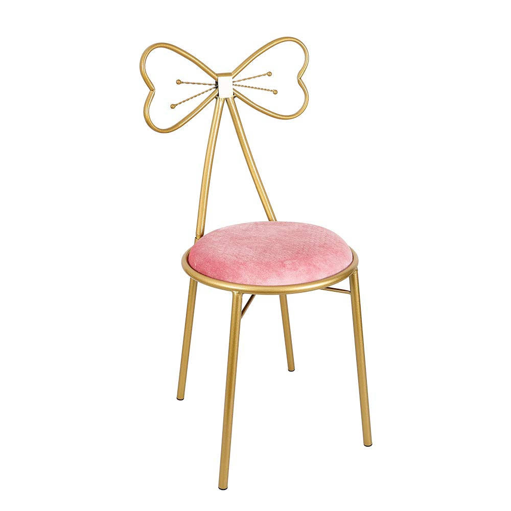 Stylish Pink Bow Shaped Backrest Princess Chair Girls Ladies Creative Makeup Stool With Golden Frame For Indoor Decor