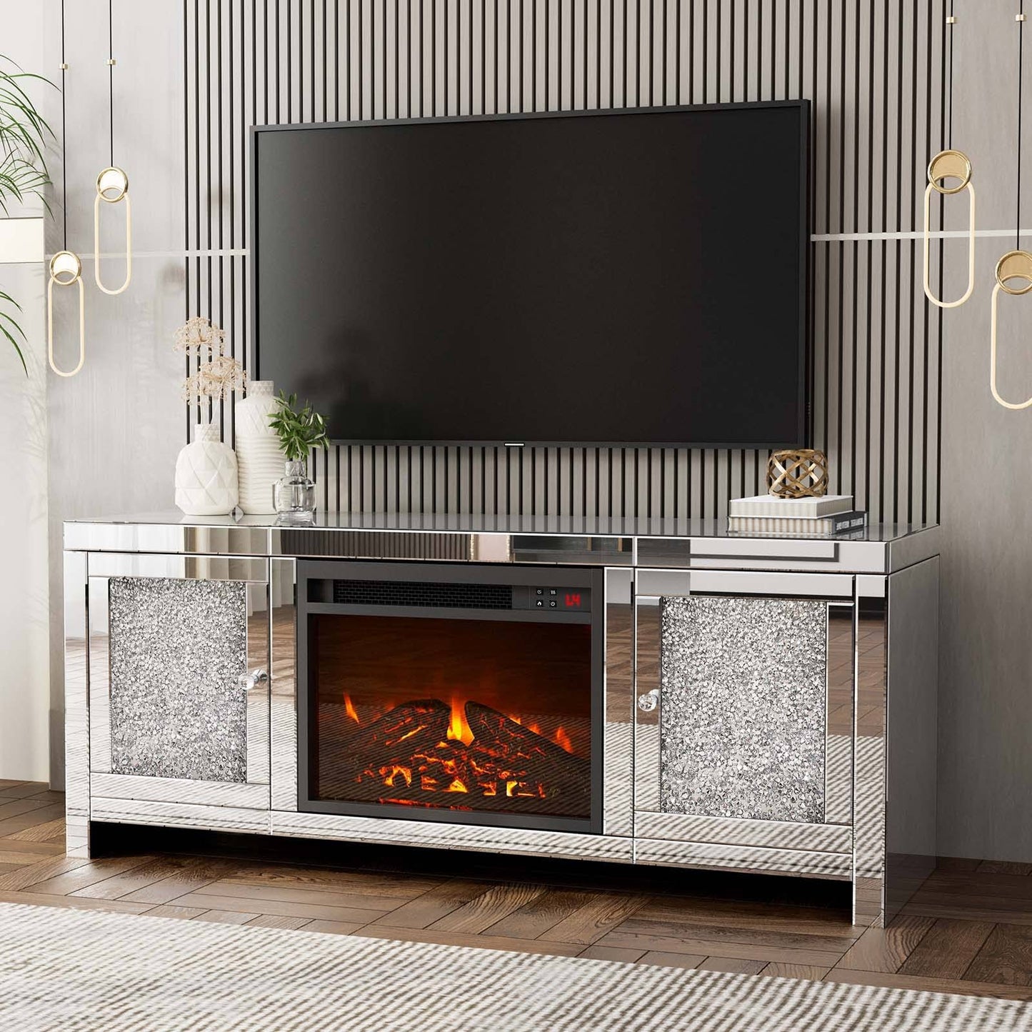 Mirrored Tv Stand With Fireplace Tv Stand For 65+ Inch Tv