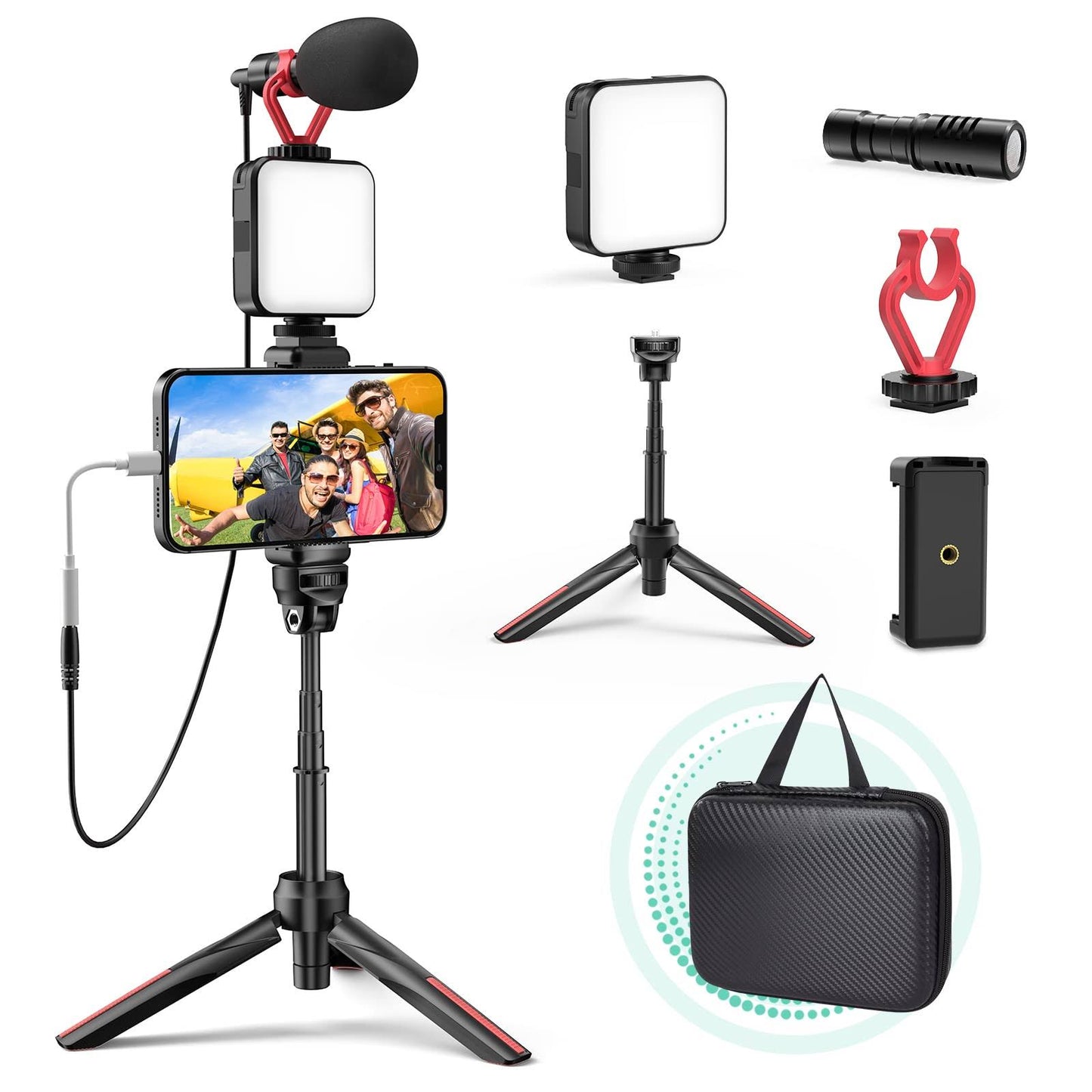 Video Vlogging Kit With Led Light, Phone Holder, Microphone, Tripod, Carry Bag, Tecelks Youtube Starter Kit For Iphone/Android, Content