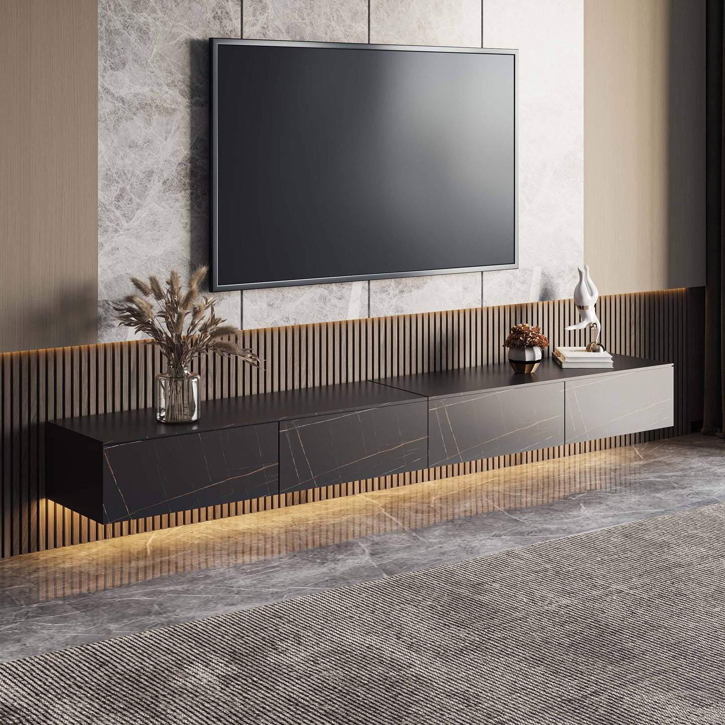 Modern Sleek Tv Stand | Wall-Mounted, Pinewood Drawers | Black/White Sintered Stone Floating Tv Console, Fully-Assembled