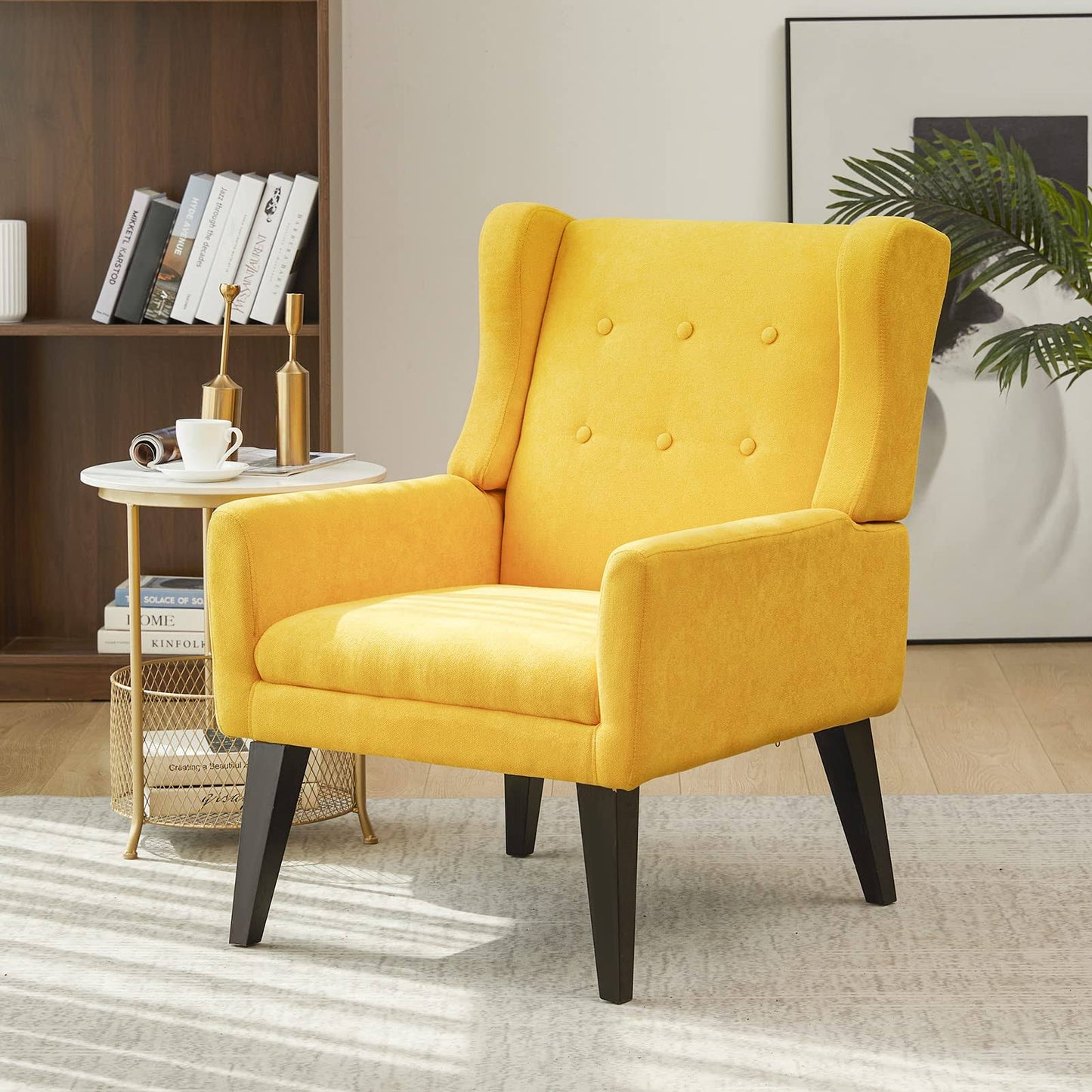 Upholstered Accent Chair,Mid Century Modern Fabric Armchair,Comfy Wingback Chairs For Living Room Bedroom(Yellow)