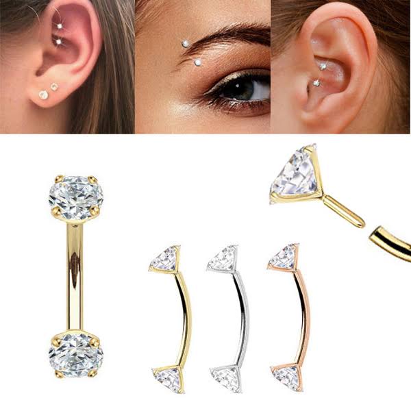 14k Gold Push-In Curved Cz Barbell
