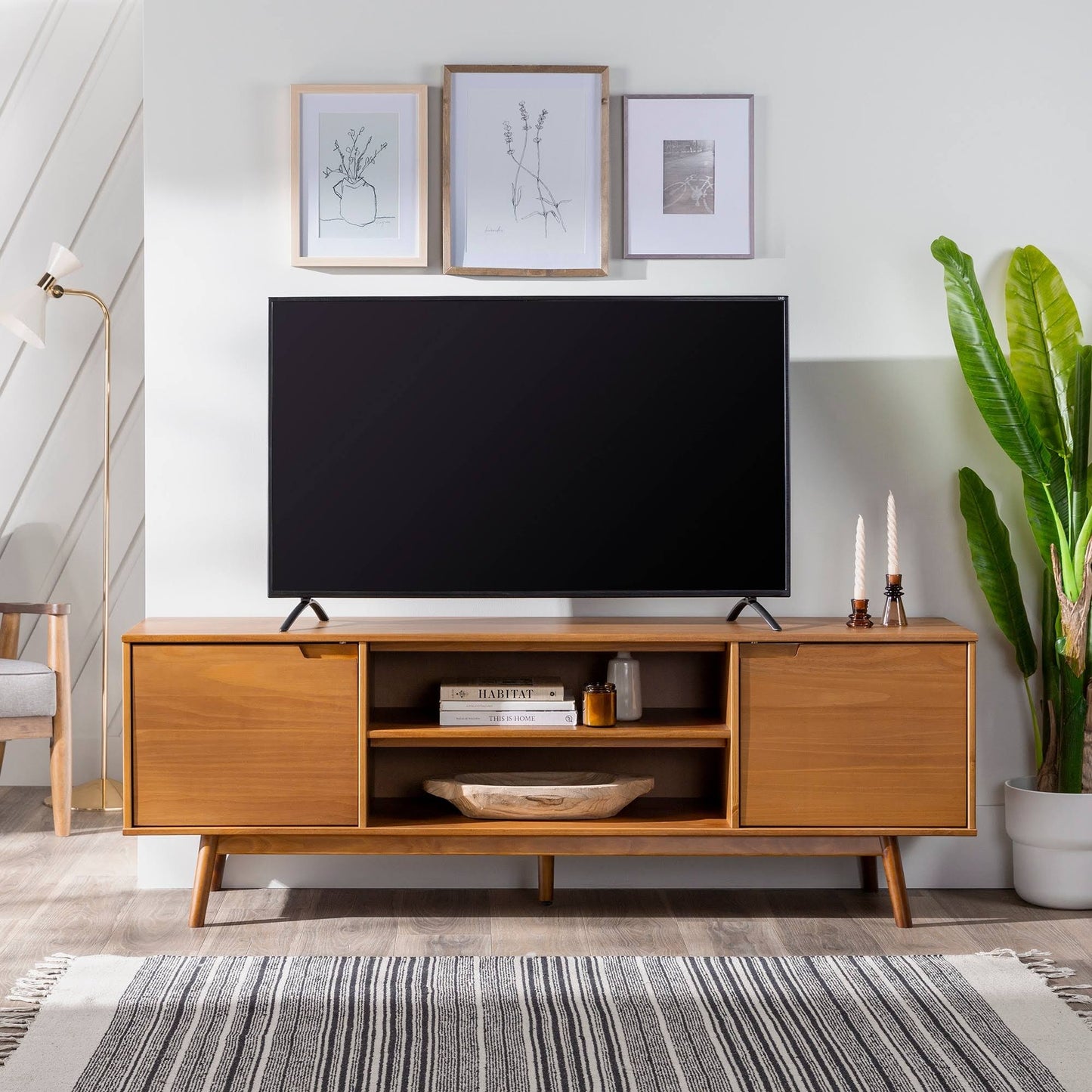 70-Inch Mid-Century Solid Wood Tv Stand