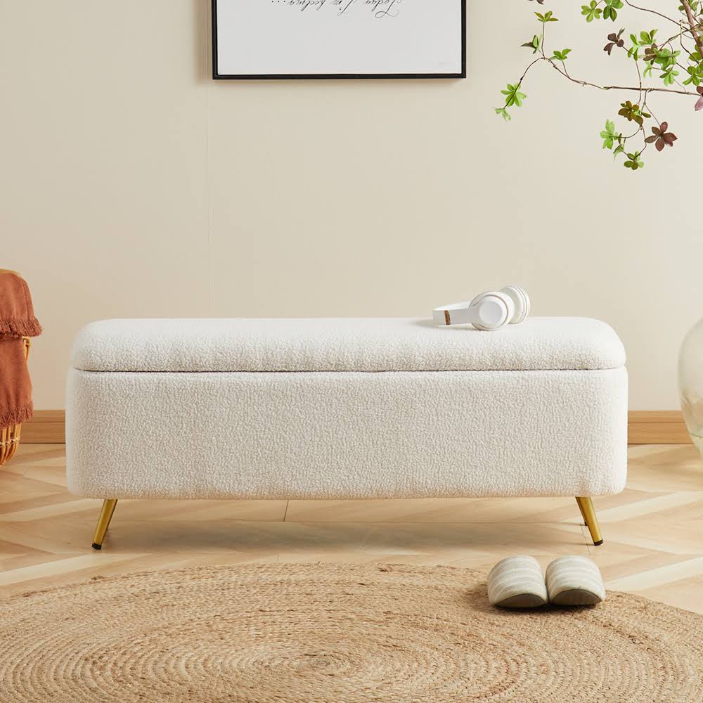 Bedroom Boucle White Bench Upholstered Ottoman With Storage & Gold Legs