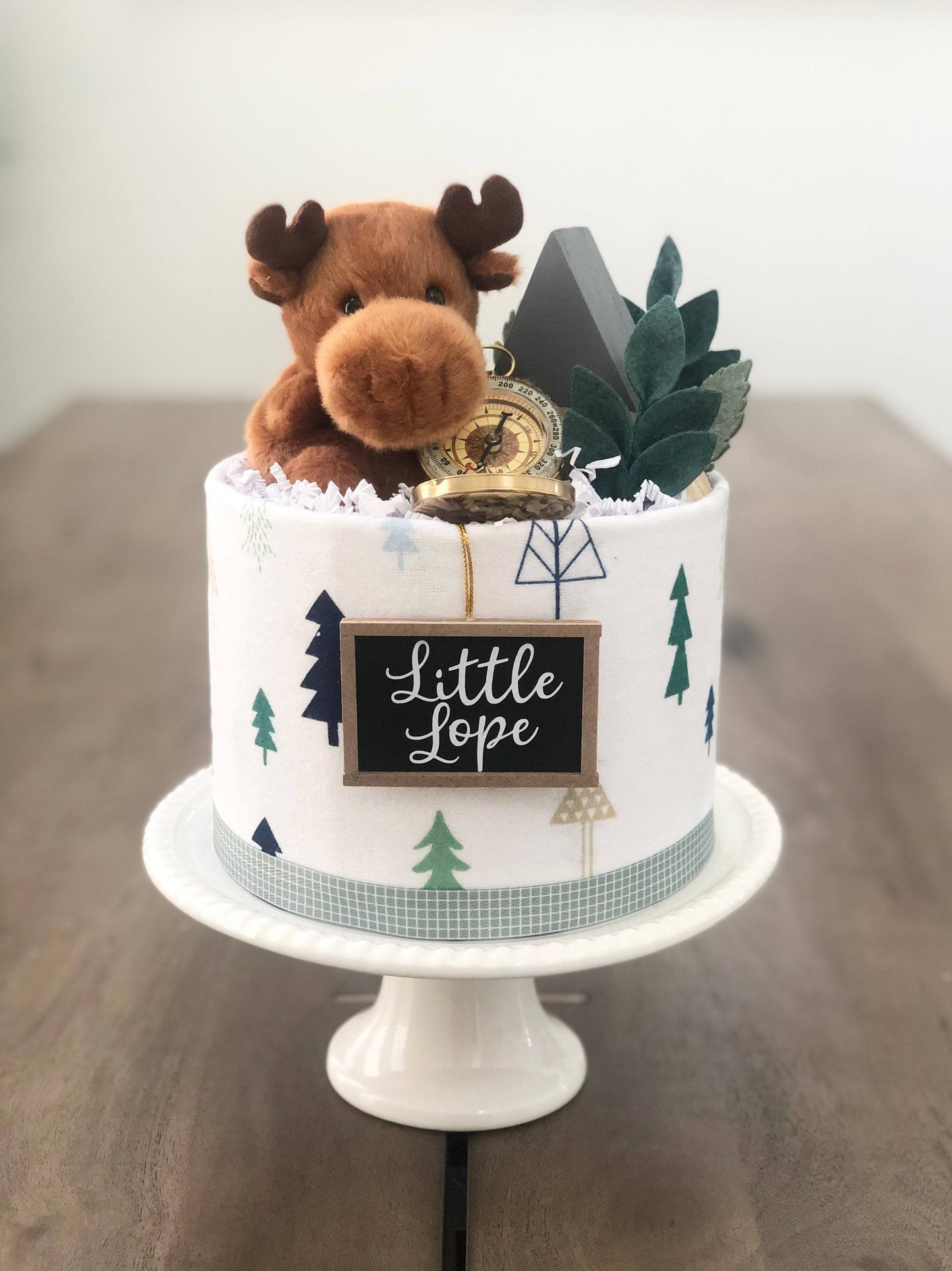 Neutral New Adventure Woodland Moose And Mountains Mini Diaper Cake Baby Shower Birthday Baby Sprinkle Gift