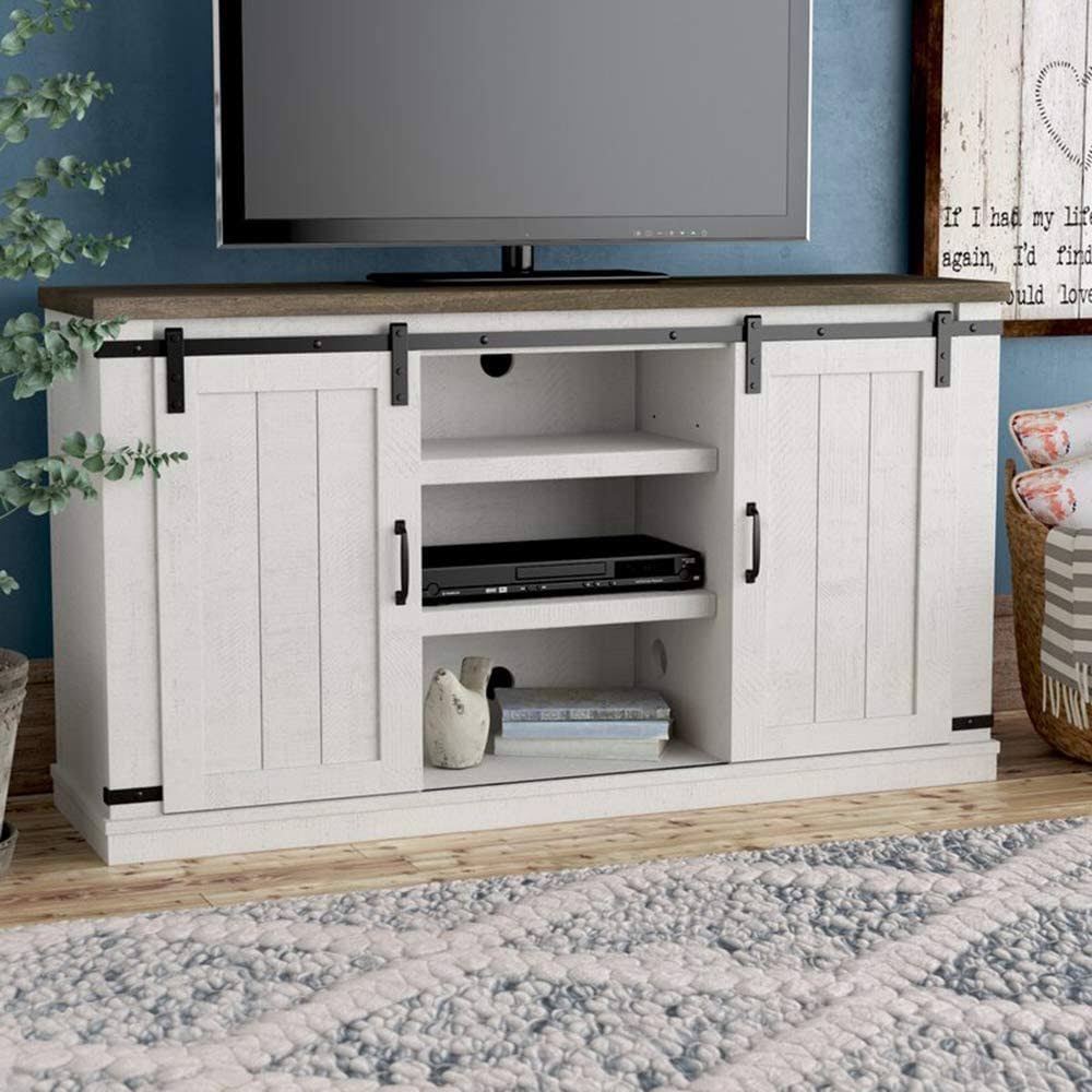 Modern Farmhouse Wood Tv Stand For Tvs Up To 60 Inch, Home Living Room Storage Table Tv Stands Cabinet Doors And Shelves Entertainment