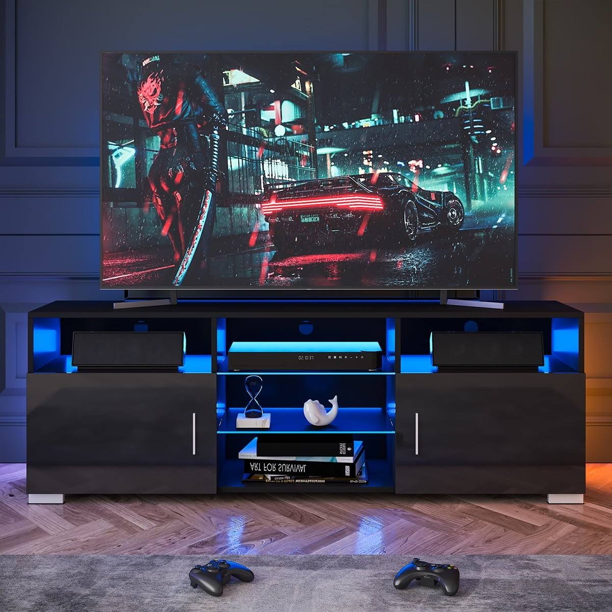 7 Tv Stand For Tvs Up To 65, Media Console Entertainment Center Living Room Tv Cabinet With Rgb Led Light And Glass Shelves
