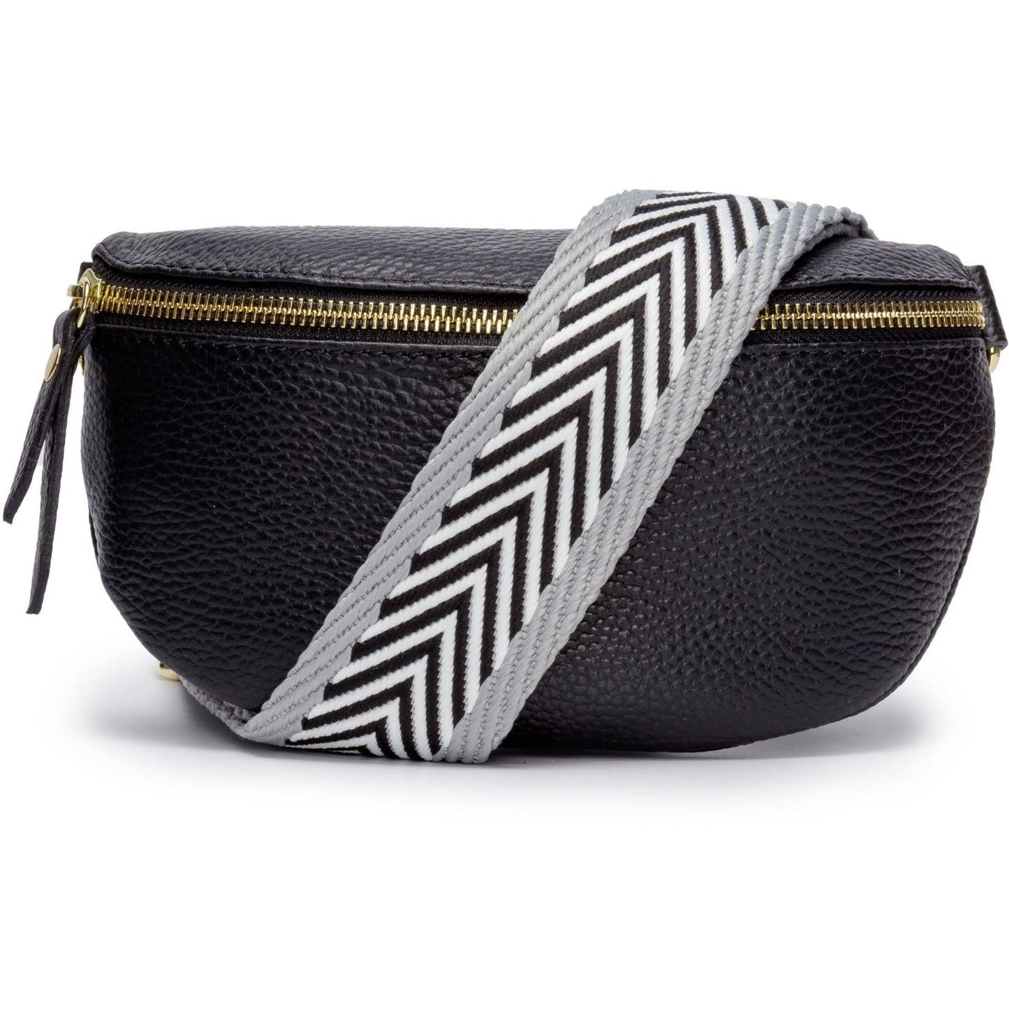 Fanny Pack Made In Italy | Premium Genuine Leather Bum Bag | Designed In London | Black (Grey Chevron Strap) | Elie Beaumont