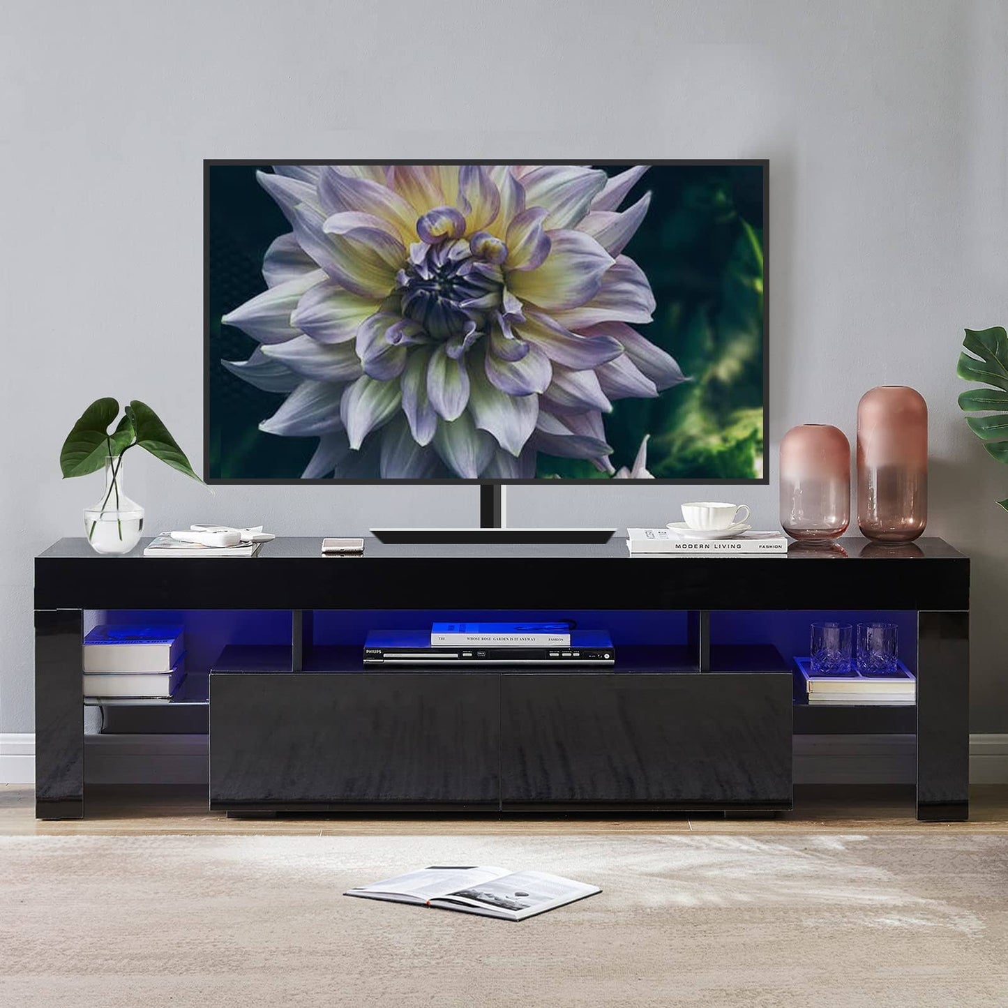 63 Led Tv Stand For 65inch Tvs,High Glossy Modern Entertainment Center With 2 Storage Drawers,Smart Modern Black Led Tv Stand,Tv Cabinet,Rgb