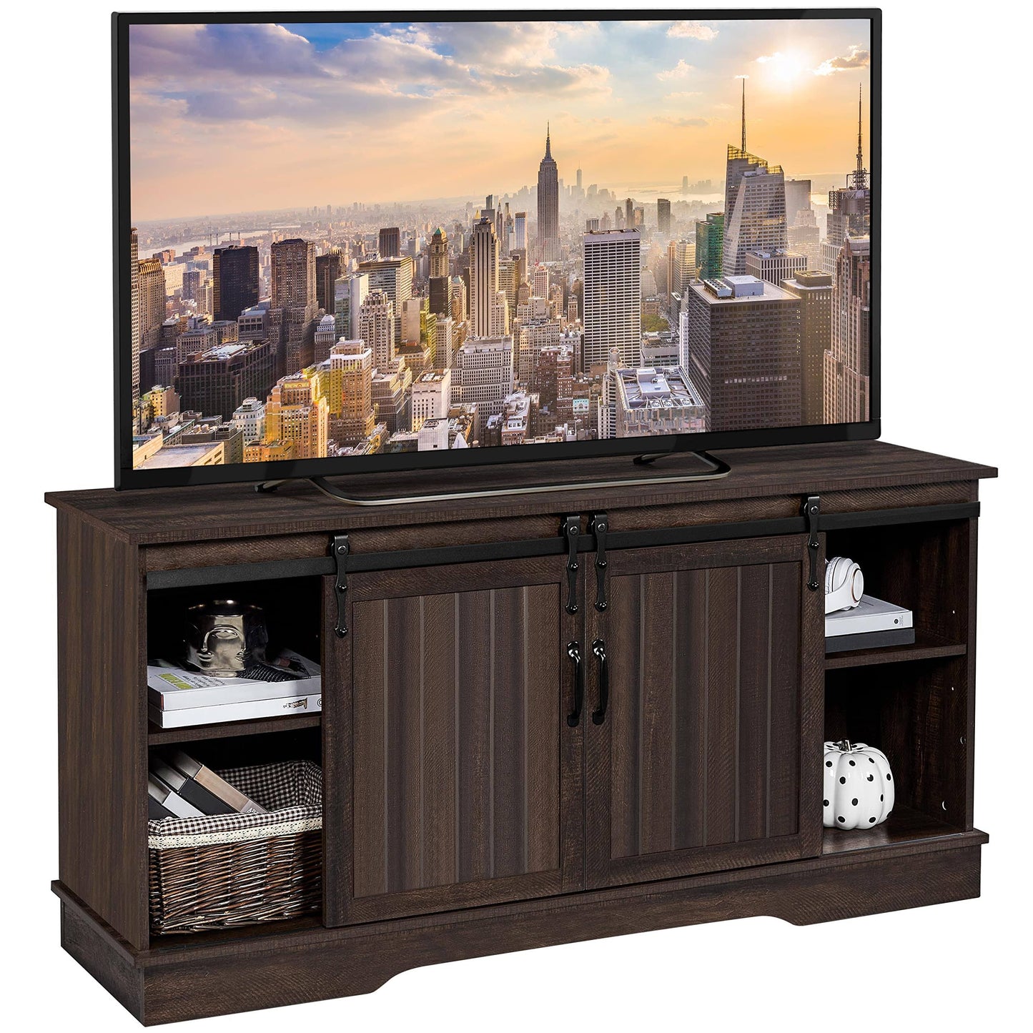 Tv Stand For Tvs Up To 65 Inch, Farmhouse Media Entertainment Center, 58 Tv Console Table With Adjustable Shelves & Sliding Barn Doors