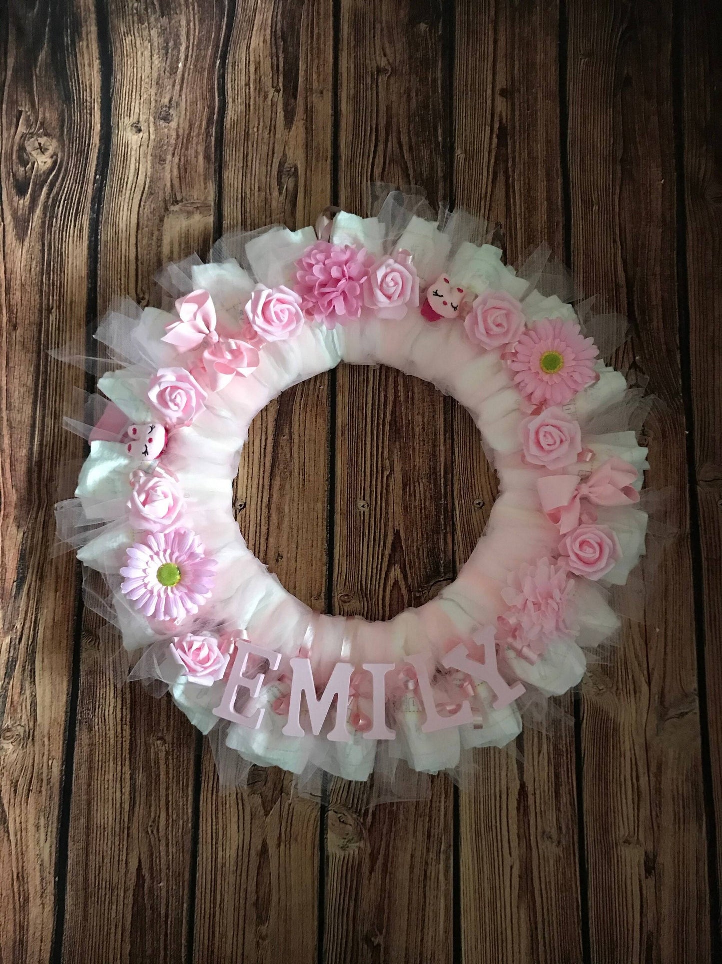 Wreath Baby Shower Gift / Personalized Pink Girl Diaper Wreath With Babys Name / Nursery Decor With First Letter