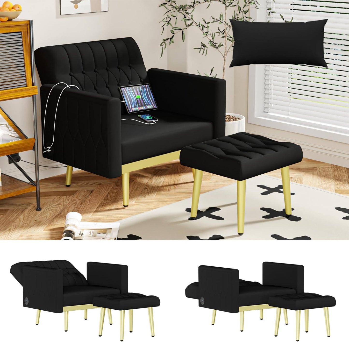 Velvet Modern Accent Chair And Ottoman Set With 2 Usb Ports, Black Comfy Reading Chair Bedroom Living Room Chairs, Recliner Lounge Chair,