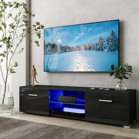 57 Tv Stand Led Media Console Center W/2 Open Shelves 2 Drawers, High Gloss Tv Cabinet For Tvs Up To 65, Black