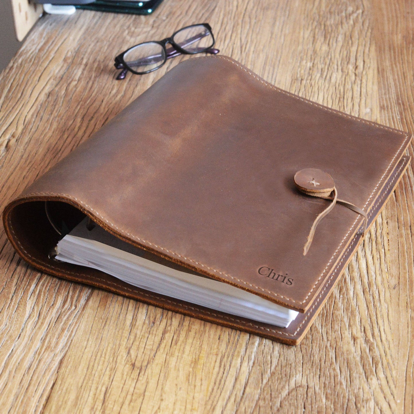 Leather Binder 2 Inch 3 D-Ring, Fit Letter Sized 3 Hole 8.5 X 11 Refill Paper, Leather Binder Cover - Distressed Leather - D700