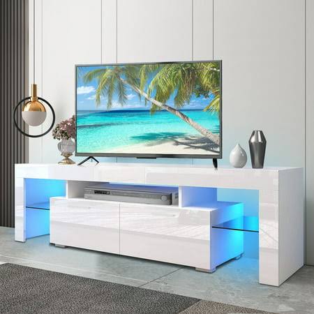 White Tv Stand For 70 Inch Tv Modern High Glossy Tv Cabinet With 16 Colors Led Lights