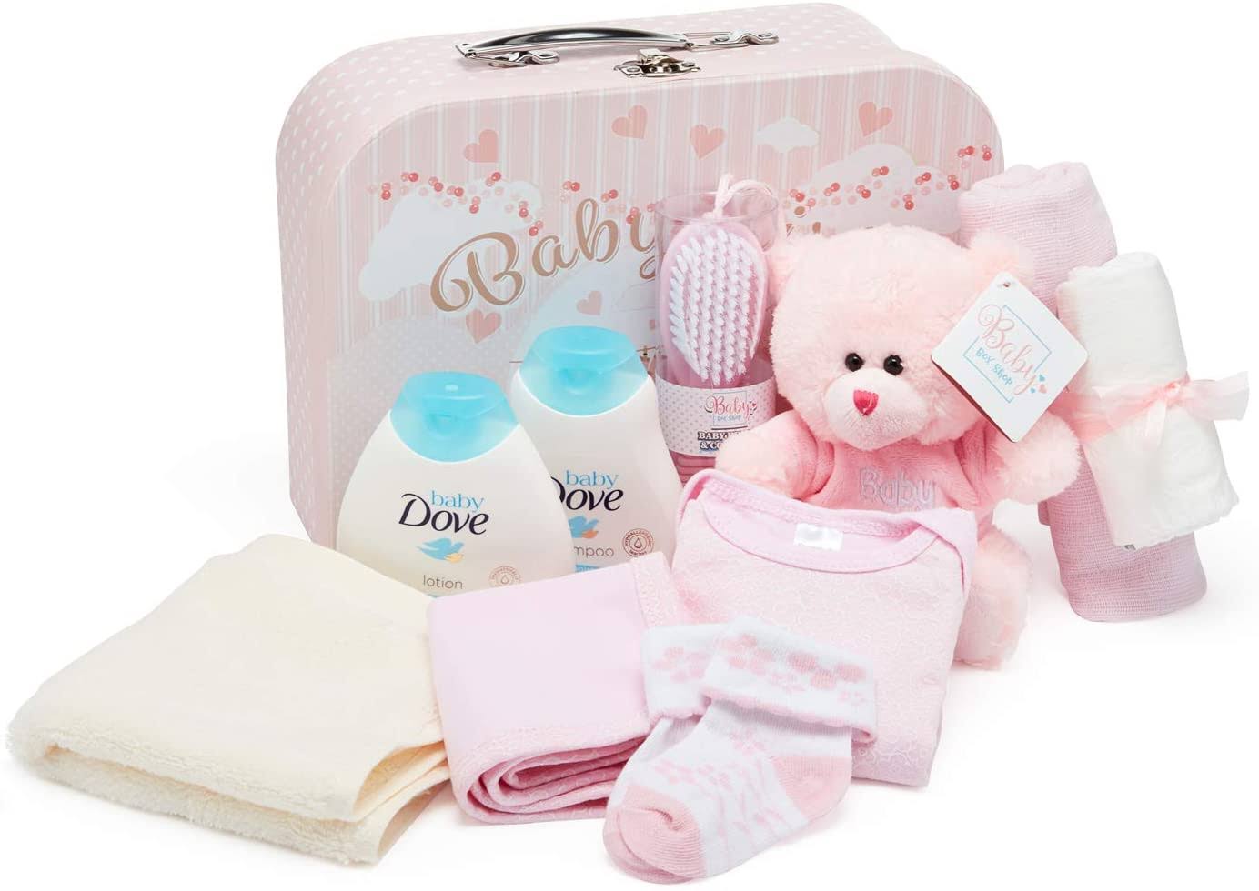 Baby Gift Set Keepsake Box In Pink With Baby Clothes, Teddy Bear And G