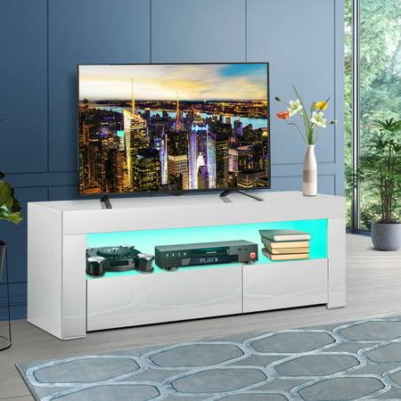 47 Inch Tv Stand High Gloss Tv Cabinet With 16 Color Leds, 2 Drawers Modern Entertainment Center For Tvs Up To 55 Inch, White Finish