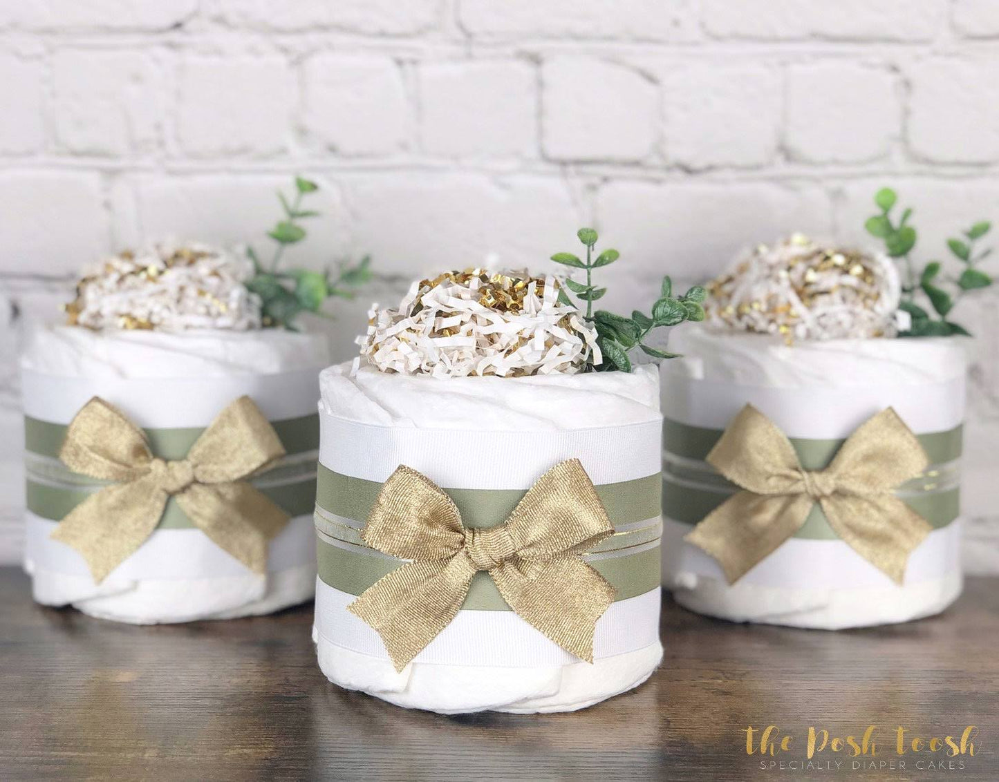 Diaper Cake Set Mini, Greenery White Gold Succulent Baby Shower Centerpiece, Gender Neutral Natural Chic Baby Shower Decor Gift