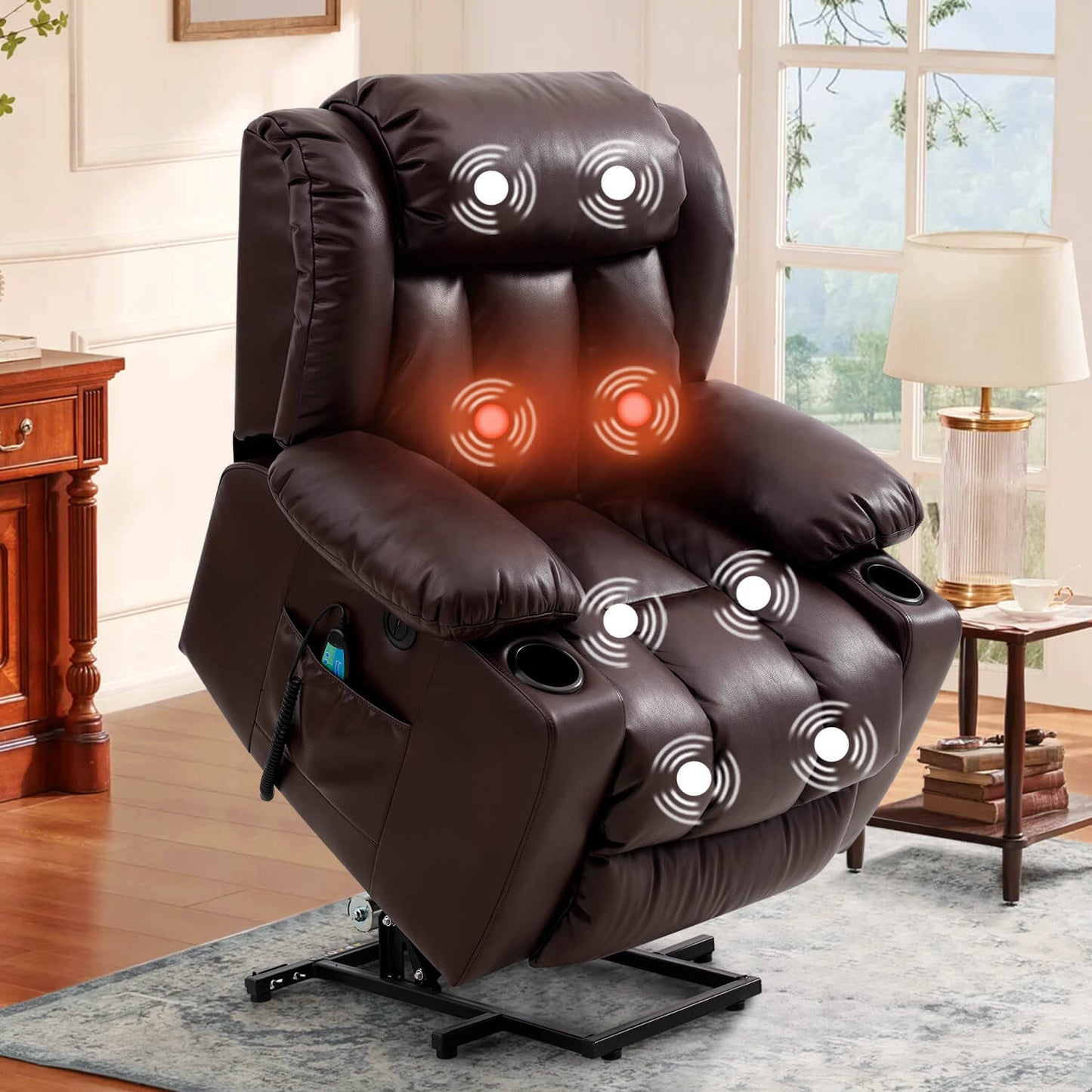 Lift Recliners For Elderly With Heat And Massage, Large Brown Leather Power Lift Recliner Chairs
