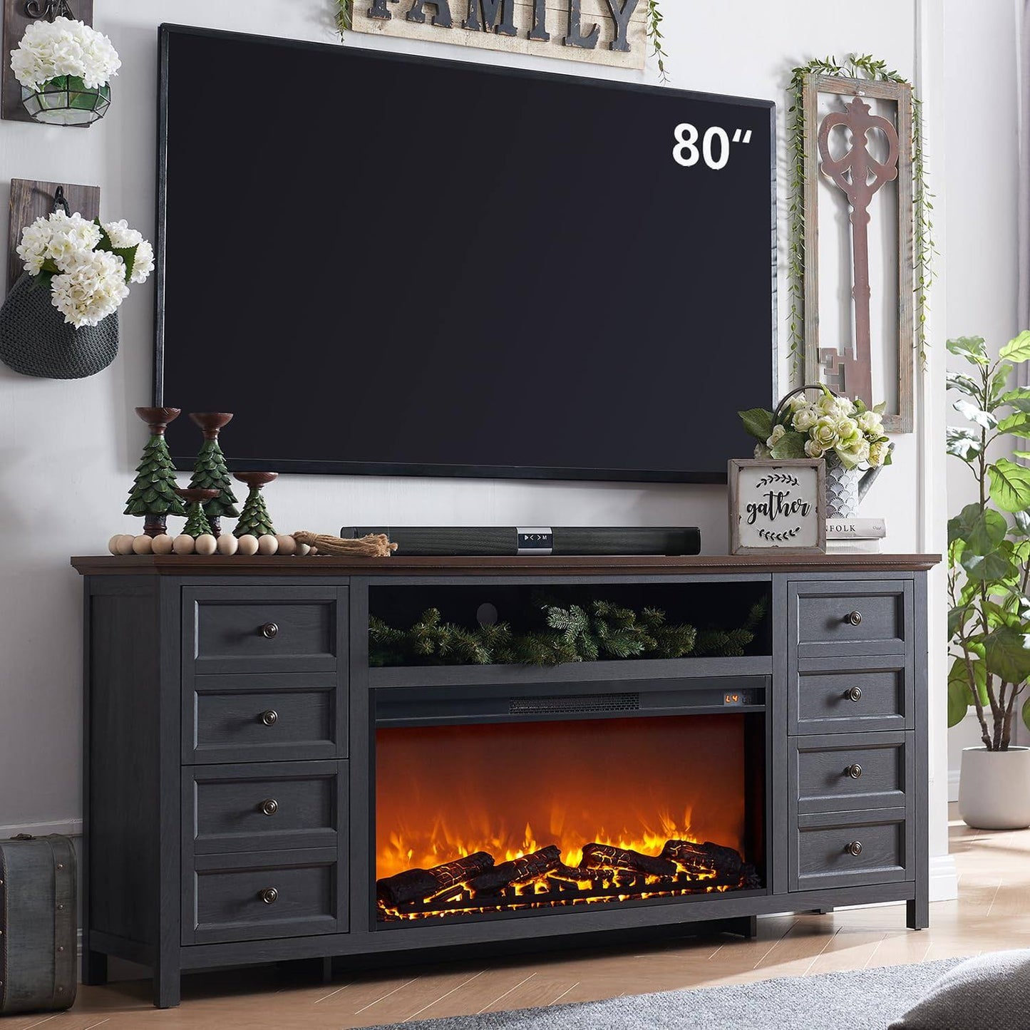 Fireplace Tv Stand For Tvs Up To 80 Inches, Farmhouse Entertainment Center W/36 Electric Fireplace & 4 Faux Double Drawers, Large Media